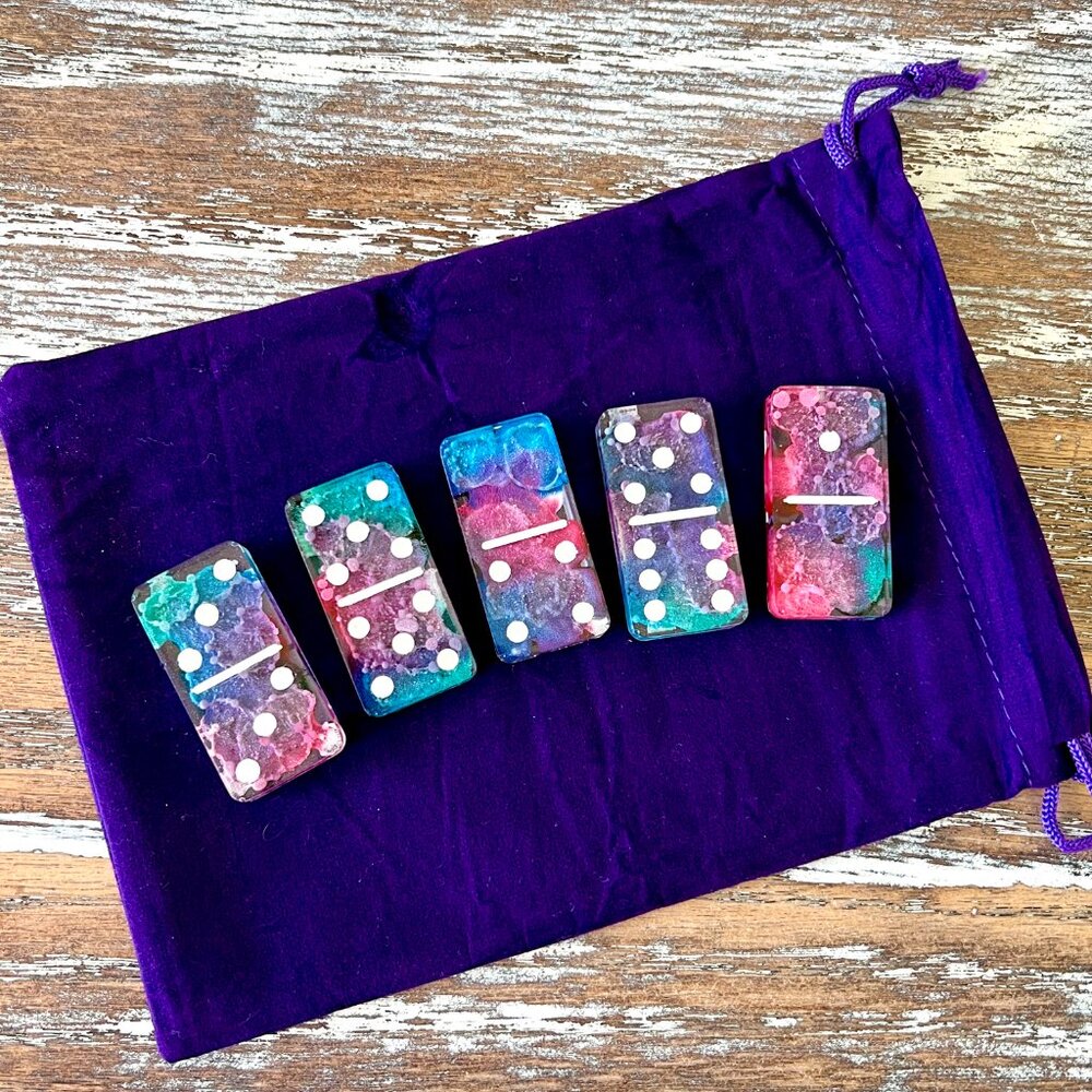 Tie-Dye Alcohol Ink Resin Dominoes Game with Velvet Bag 28 pieces Handmade Gift - Picture 8 of 9